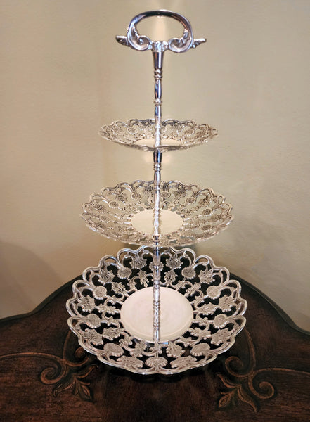 3-Tier Silver-Plated Lace Cake Stand. Cake Stand Rentals for Party by Royal Table Settings