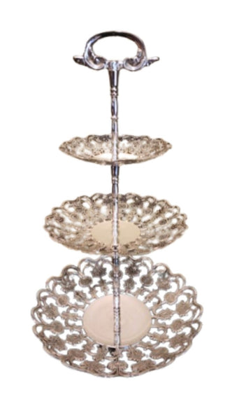3-Tier Silver-Plated Lace Cake Stand. Cake Stand Rentals for Party by Royal Table Settings