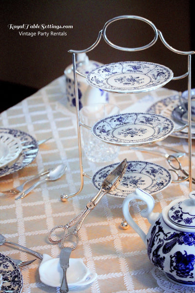 Small High Tea 3-Tier Stand - Silver Frame with Vintage Plates. Party Rentals. Royal Table Settings.