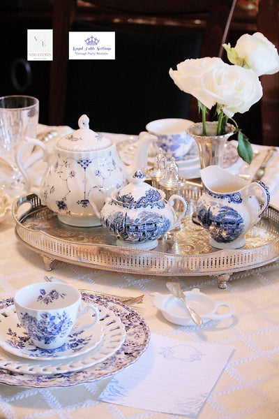 Blue and White Tea Set with Silver Reticulated tray - Vintage Party Rentals by Royal Table Settings