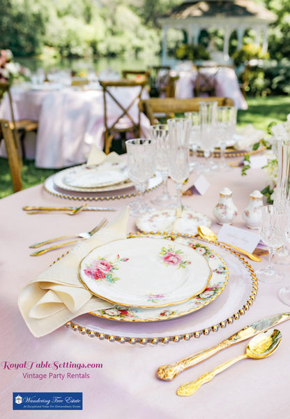 Gold Beaded Rim Glass Charger Plate with vintage Dinner Plates and Gold Flatware and Crystal Glasses - Party Rental by Royal Table Settings