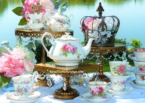 Royal Table Settings Vintage Teapots, Teacups & Gold Cake Stands