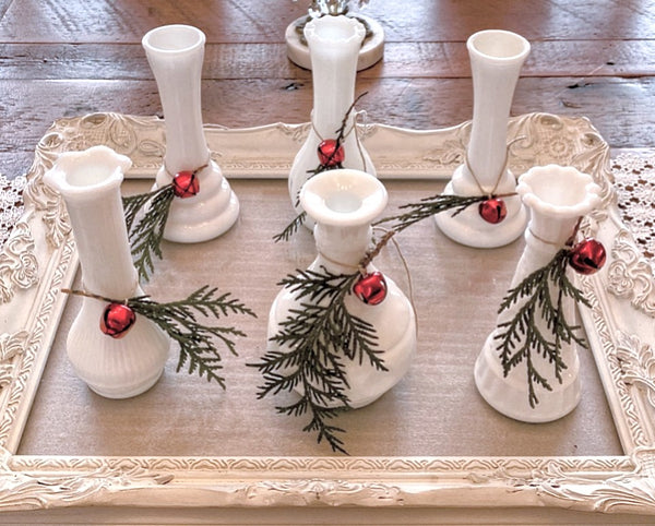 Small Milk Glass Bud Vases. Vintage Rentals by Royal Table Settings.