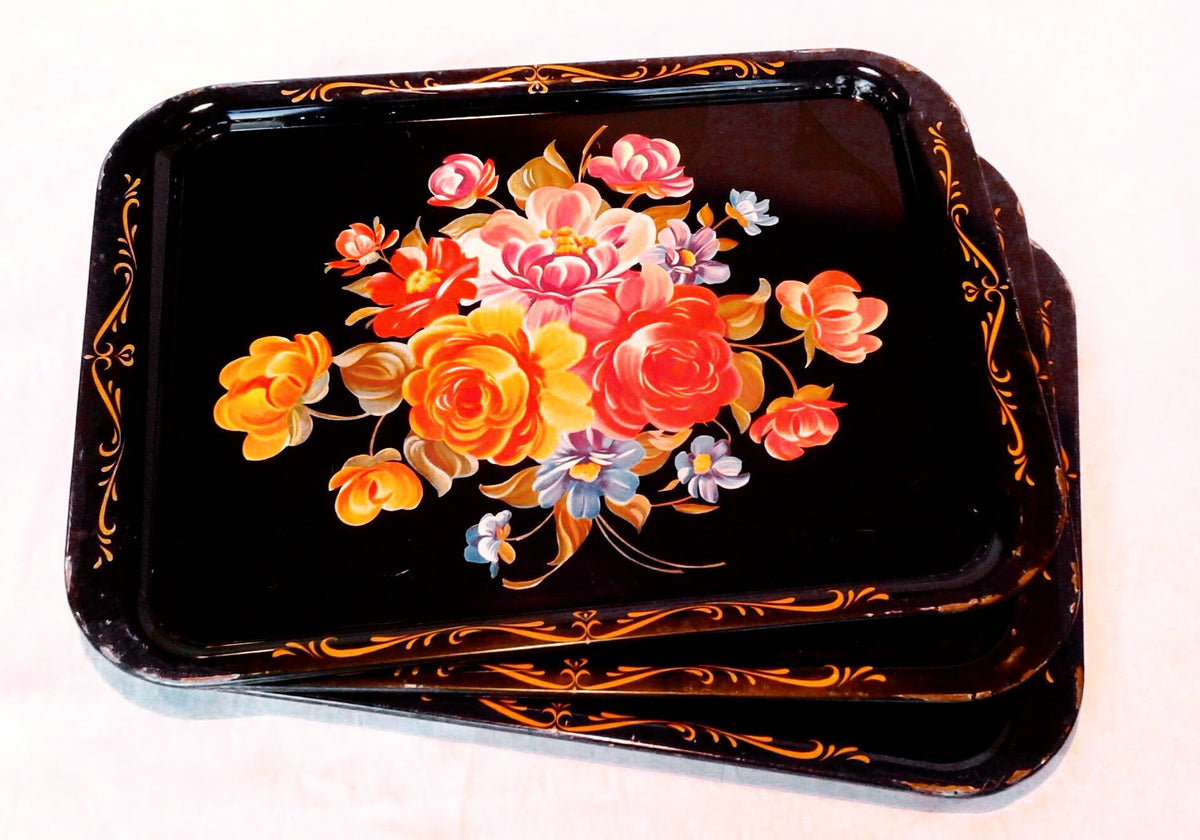 Vintage Small Rectangular Tin Trays Black With Floral Design Lot Of 4