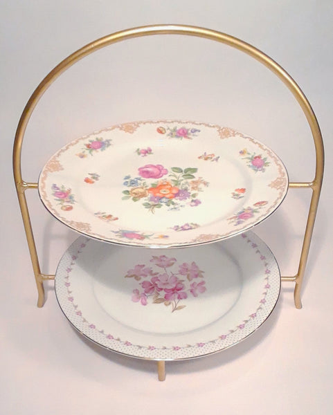 Gold Frame 2 Tier with Vintage Plates for your next Party.  Party Rentals. Royal Table Settings.