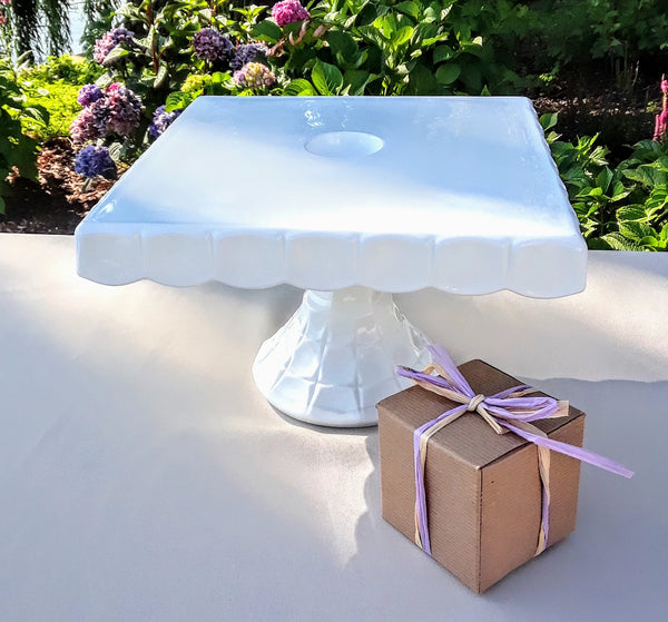 Large - Square White Glass Cake Stand. Parry rentals.