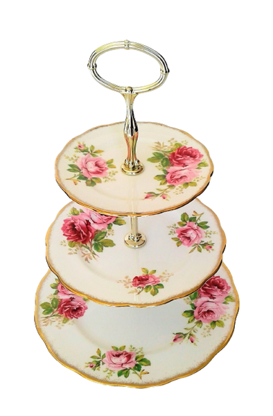 3-Tier Gold Cake Stand with Vintage Plates. Vintage Party Rentals. Royal Table Settings.