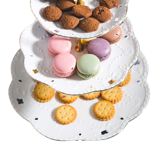 Embossed white 3-tier cake stands - vintage party rentals by Royal Table Settings.