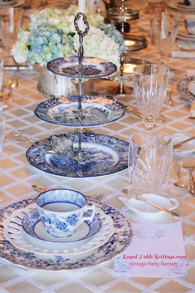 Blue Floral 3-Tier Serving Tray with tea cups, plates and more! Vintage Party Rentals - Royal Table Settings.