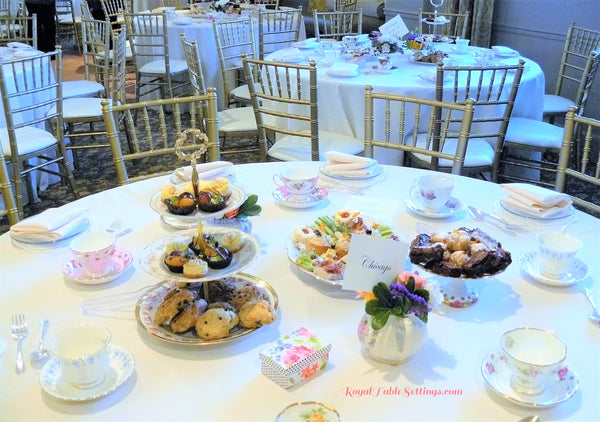 Table Linens - 132" Round rentals example white at Tea Event by Royal Table Settings.