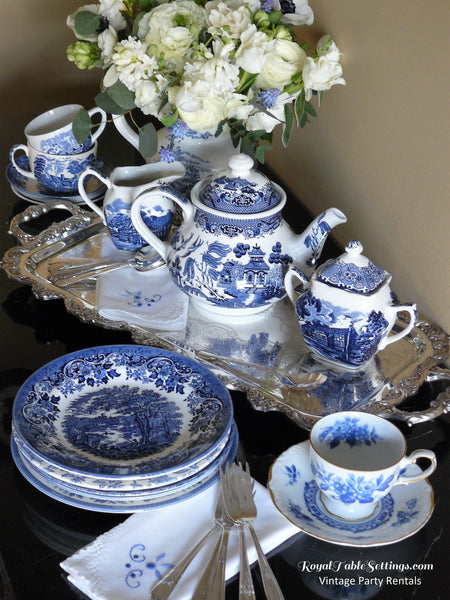 Blue & White Cup and Saucer Sets, Cream & Sugar, and salad plates all your tea party, birthday party or fundraiser. Vintage Party Rentals with Royal Table Settings.