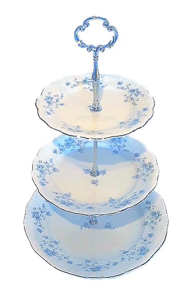 Blue Floral 3-Tier Serving Tray with Silver Handle - Silver Handle. Vintage Party Rentals - Royal Table Settings.