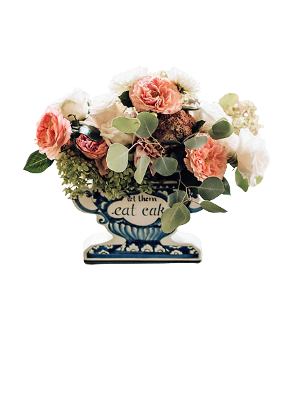 Let Them Eat Cake Blue & White Vase with flowers. Party Rentals by Royal Table Settings.