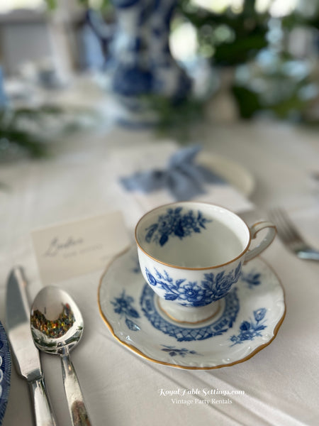 Blue and White Cup and Saucer Sets. Teacups for rent. Tea cups for your next tea party, bridal shower or birthday. Vintage Party Rentals with Royal Table Settings.