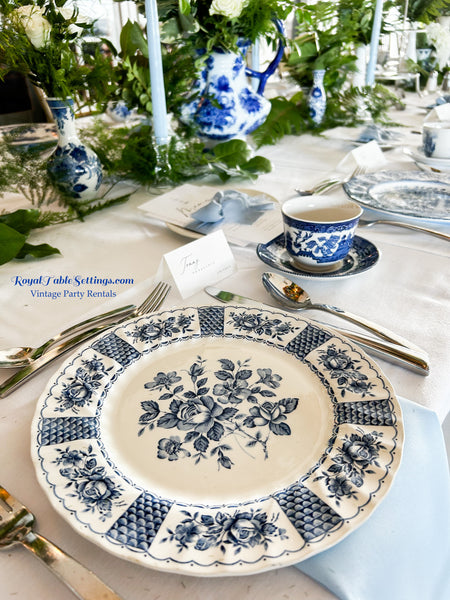 Blue & White Dinner Plates by Royal Table Setting. Beautiful china rentals for any type of event! Vintage Party Rentals.