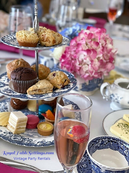 Blue Floral 3-Tier Stand with tea treats. Vintage Party Rentals - Royal Table Settings.