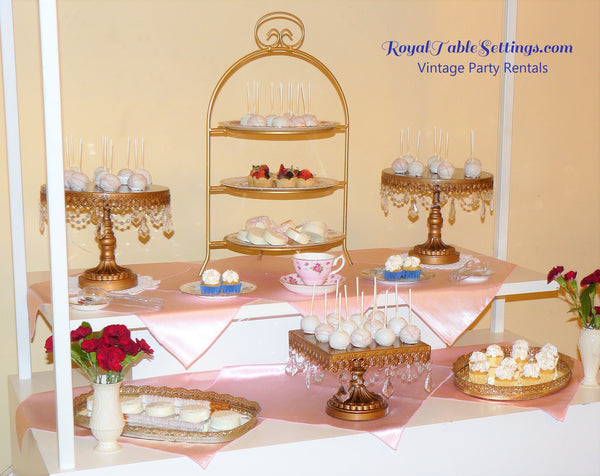 Royal Table Settings Gold Dessert Chandelier Cake Stands. Vintage Party Rentals.