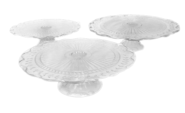 Clear Embossed Glass Cake Stands Vintage Party Rentals with Royal Table Settings.