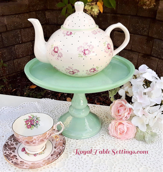 Country Teapot with Green Pedestal Cake Stands. Party Rentals by Royal Table Settings.