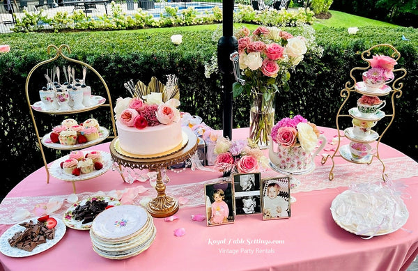 God Chandelier cake stand, Teacup 4-Tier Gold Display Stand. Vintage Rentals for your next Wedding. By Royal Table Settings