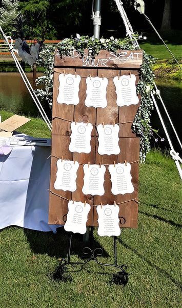 Wooden "Find Your Seat" Sign with Easel party rentals with Royal Table Settings. Perfect for a rustic, barn or backyard party!