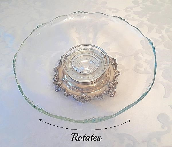 Medium Rotating Glass Tray with Silver-Plated Base. Party rentals by Royal Table Settings.