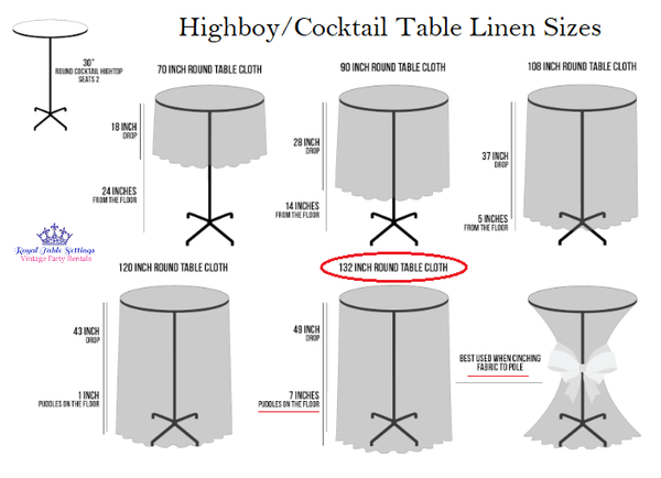 High Bowy Cocktail Table Linen Size Chart by Royal Table Settings