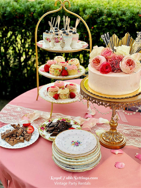 High Tea Stand with Egg Cups, Cake Stand, Vintage Plates for Tea Party. Party Rentals by Royal Table Settings.