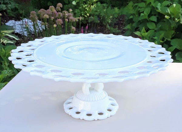 Large - Lace Round White Glass Cake Stand. Party Rentals. 