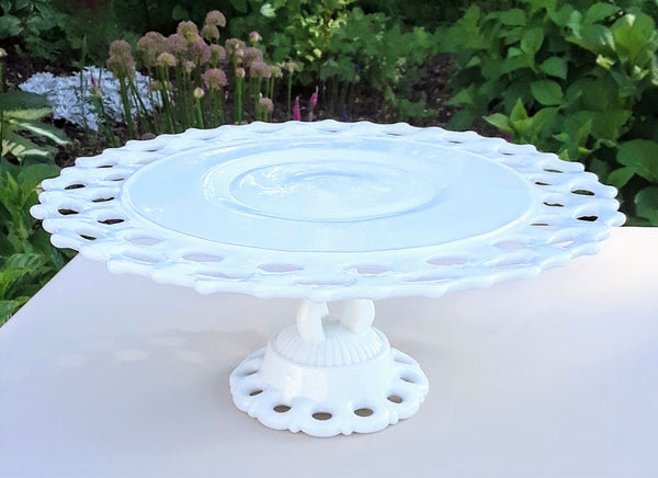 Large - Lace Round White Glass Cake Stand. Party Rentals.