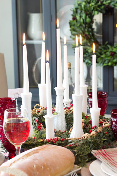 Milk Glass Bud Vases with candles. Vintage Rentals by Royal Table Settings.