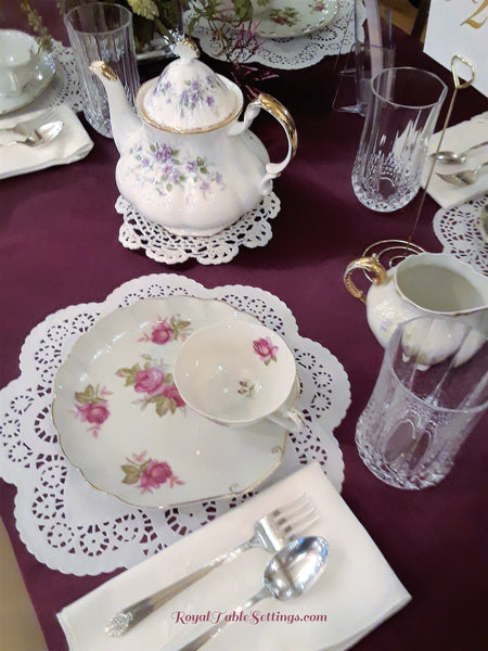 Vintage Snack Plate with Matching Tea Cup Set, Teapot, Crystal Glasses, Silver-plated Silverware and Napkin complete the look!