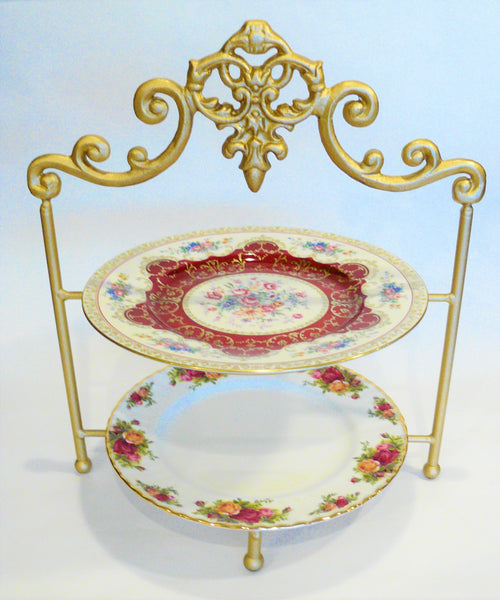 High Tea 2-Tier Stand - Gold Frame with Vintage Plates Vintage Party Rentals. Royal Table Settings.
