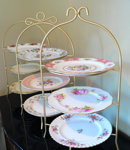 3-Tier Stand Gold Frame, 3-Tier Silver Dessert Stand, or 3-Tier Buffet Plate Stand,  with Vintage Plates. Vintage Party Rentals. Royal Table Settings.
