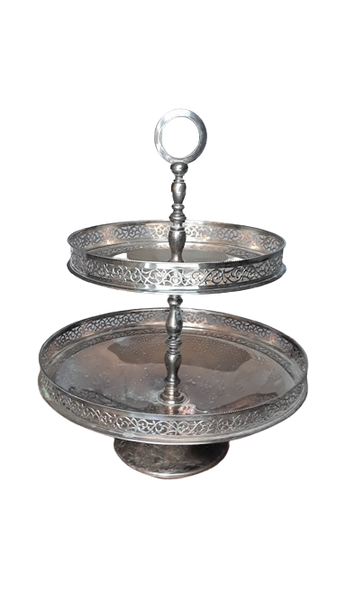 Petite 2-Tier Silver-Plated Cake Stand. Vintage Party Rentals. Royal Table Settings.