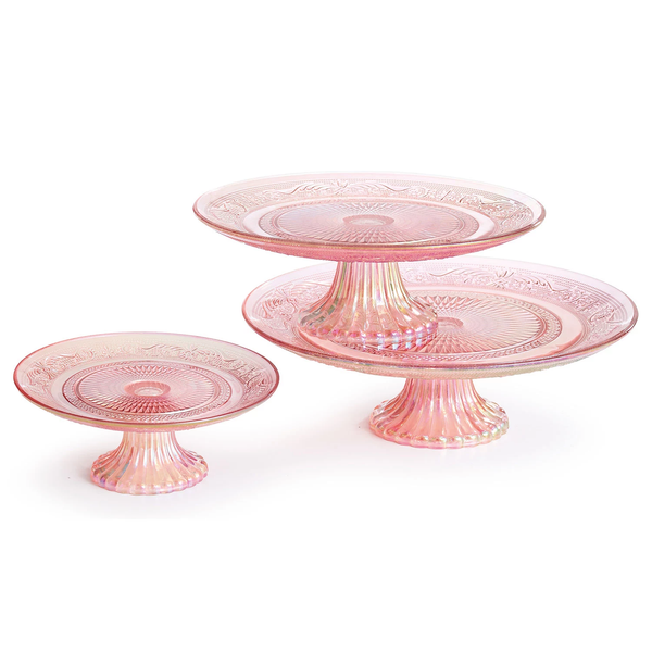 Pink Iridescent Pedestal Cake Stands Vintage Rentals by Royal Table Settings. Ponk glassware rentals.