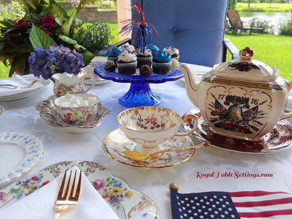 4th of July Tea Party.  Cobalt Blue Glass Pedestal Cake Stands for your next event. Vintage Party Rentals with Royal Table Settings.