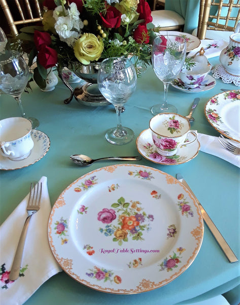 Royal Table Settings Vintage Rentals includes: Dinner Plates, Teacups, Silver-Plated Silverware and Napkin. Beautiful China Rentals.  Vintage Party Rentals. China rentals. Dinner Plate Rentals.