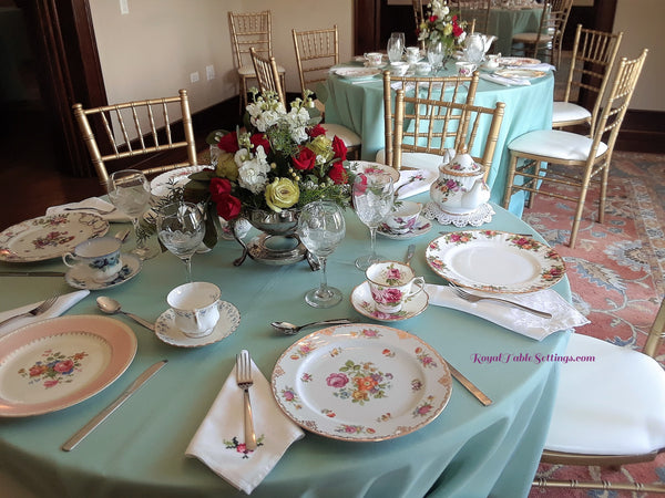 Table Linens - 120" Round color "Seafoam" rental. Tea Party example by Royal Table Settings. Vintage Party Rentals.