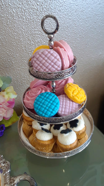 Petite 3-Tier Silver-Plated Cake Stand with desserts..  Vintage Party Rentals. Royal Table Settings.