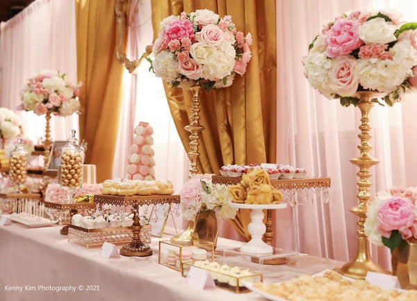 Royal Table Settings Gold Chandelier Cake Stands rentals. Party Rentals.
