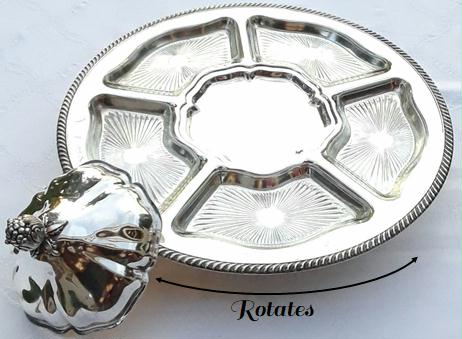 Large Rotating Silver-Plate Serving Tray with 5 Glass Dividers. Vintage party rentals by Royal Table Settings.
