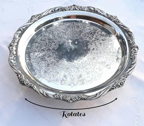 Large Rotating Silver-Plated Serving Tray. Party rentals by Royal Table Settings.