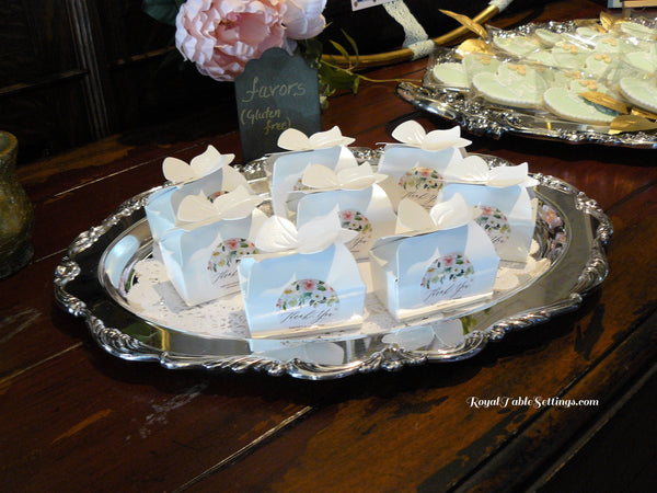 Silver Plated Trays are perfect for holding favors, gifts or cookies. Vintage Party Rentals by Royal Table Settings