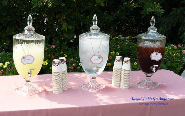 Large Crystal Beverage Dispenser for Wedding. Party Rentals by Royal Table Settings.