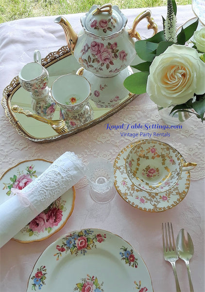 Filigree mirror trays are perfect for showcasing your centerpieces, candles, teapots, teacups, place cards, flowers or even your desserts. Perfect for our Party or Tea event. Vintage Party Rentals by Royal Table Settings.