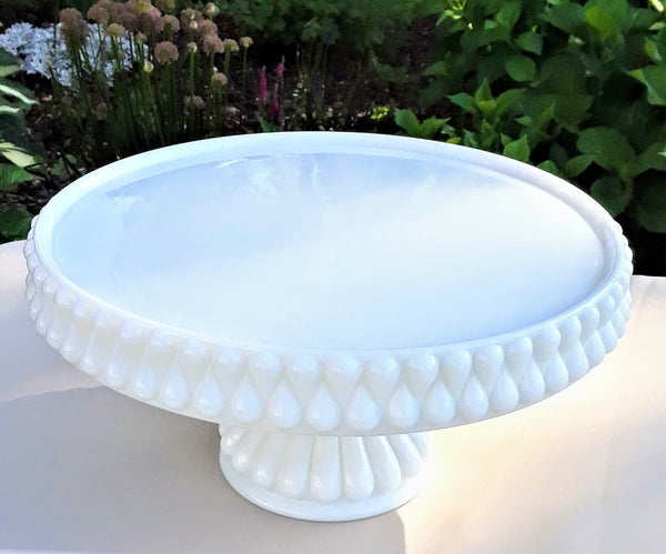 Large - Teardrop Round White Glass Cake Stand. Vintage Party Rentals. Royal Table Settings 