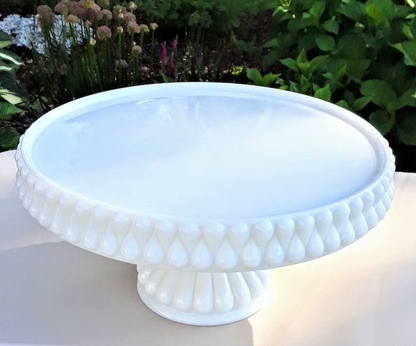 Large - Teardrop Round White Glass Cake Stand. Vintage Party Rentals. Royal Table Settings