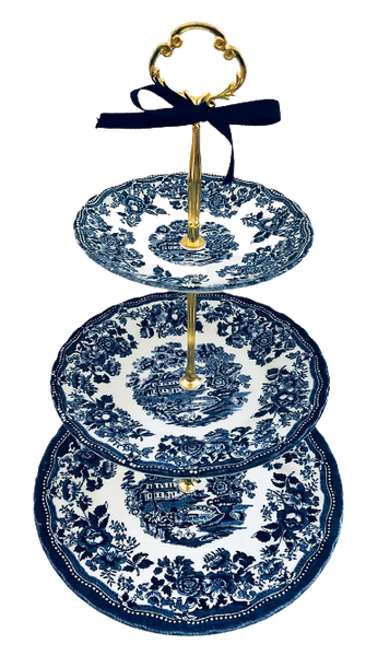 Blue Floral 3-Tier Serving Tray with gold handle. Vintage Party Rentals - Royal Table Settings.