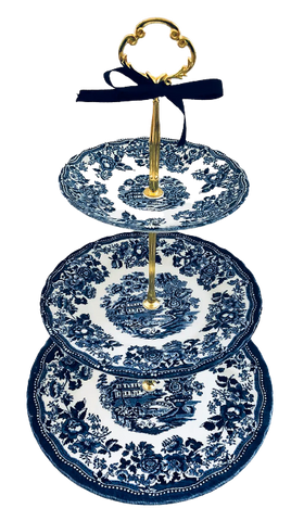 Blue Floral 3-Tier Serving Tray with gold handle. Vintage Party Rentals - Royal Table Settings.